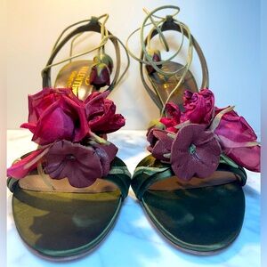 Valentino Garavani Green Stiletto w/ w/ Greek Ankle Wrap - Silk & Leather Roses